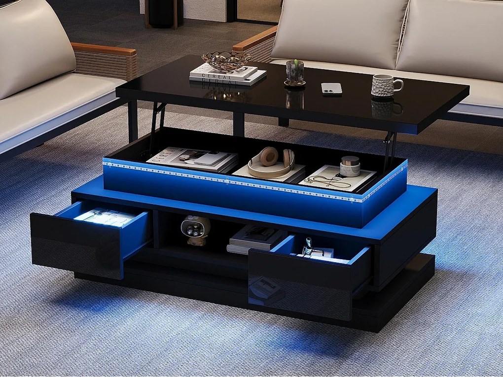 Stolik kawowy podnoszony 100x50x40 cm - z 2 szufladami - oświetlenie LED - Wykończenie lakierowane błyszczące - Płyta wiórowa - Czarny