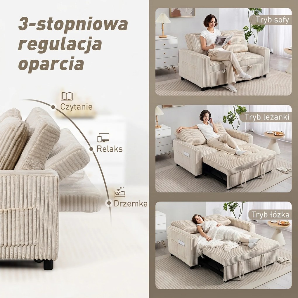 HOMCOM Sofa 2-osobowa z funkcją spania, sztruks, rozkładana, 2 poduszki, kieszenie boczne, 157 x 190 cm, Cremeweiß