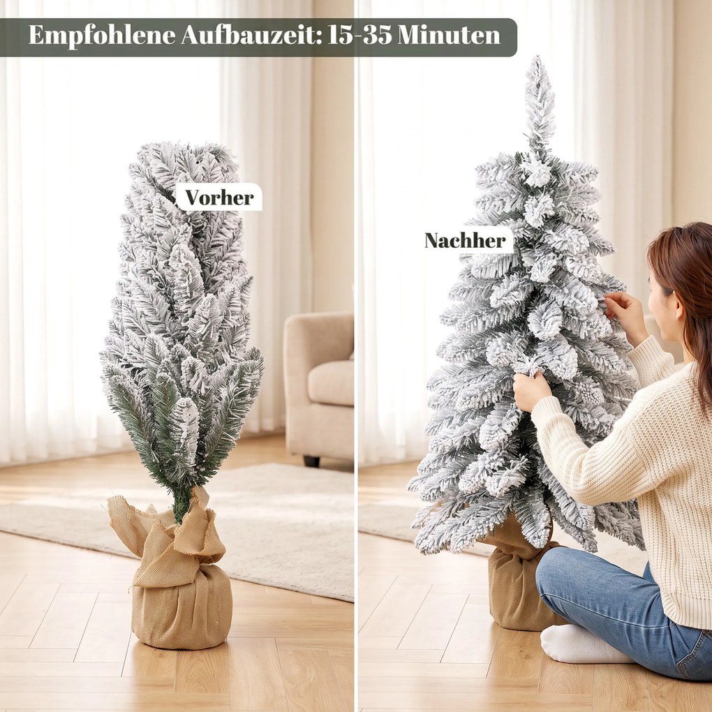 HOMCOM Sztuczna choinka, 90 cm, smukła forma pencil z 107 końcówkami gałązek, podstawa z juty, biały | Aosom PL