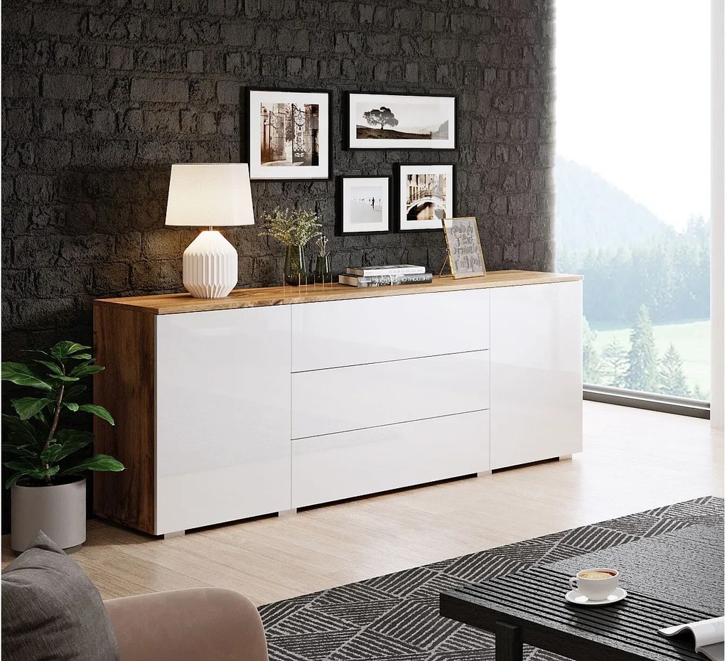 Komoda 150 cm do salonu – nowoczesna komoda z szufladami i szafkami, korpus wotan mat i fronty biały połysk