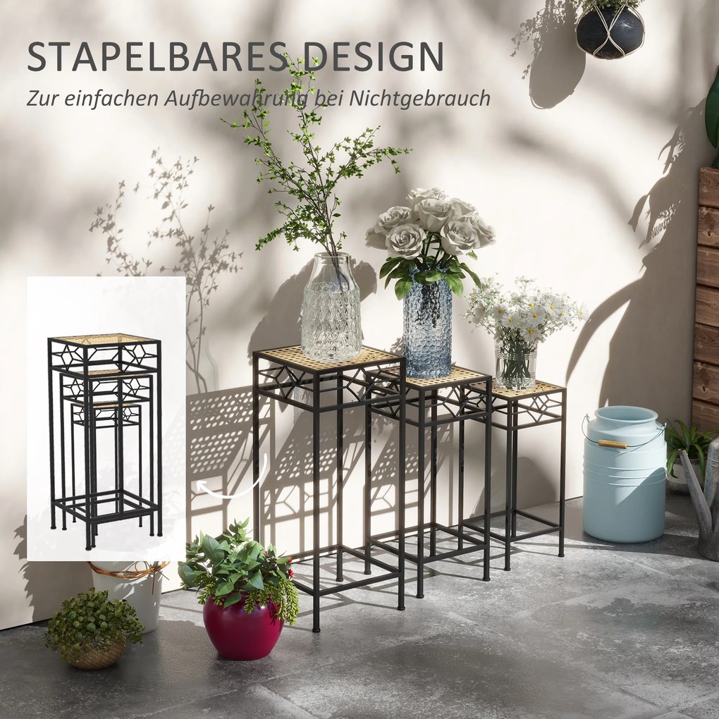 Outsunny Stojak na Rośliny, Zestaw 3 szt., okrągłe, składany, z efektem rattanu, metalowe nogi, do użytku wewnątrz i na zewnątrz, Czarno/Złoto