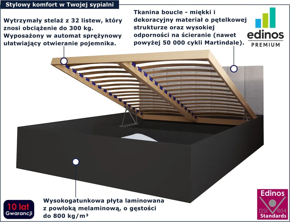 Czarne łóżko podwójne z zagłówkiem boucle 160x200 W2-B04