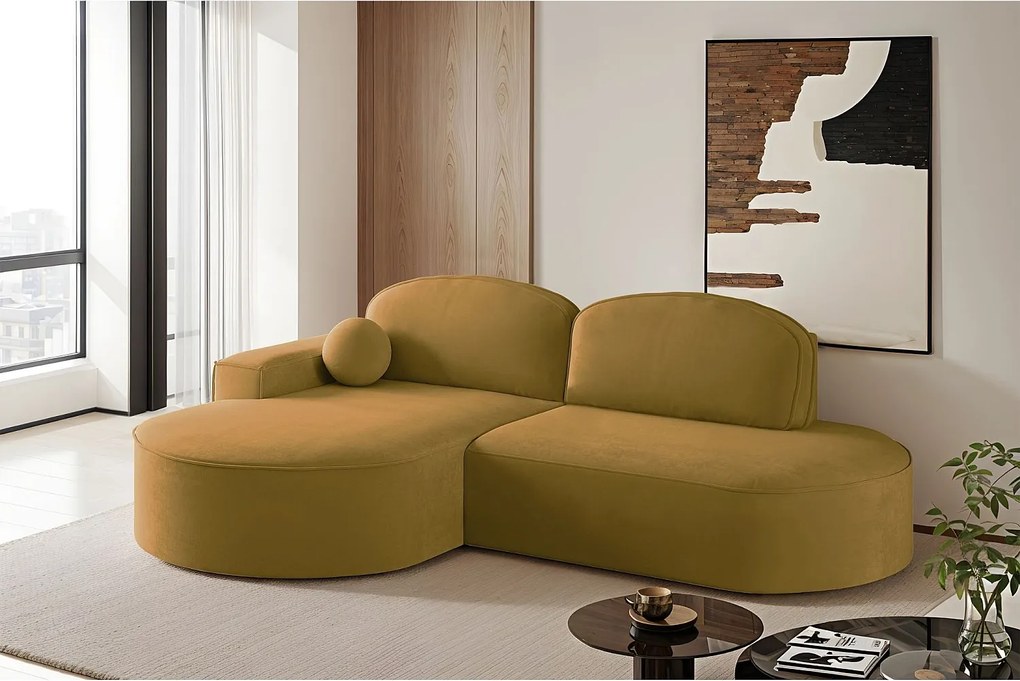 Narożnik z funkcją spania i pojemnikiem Modena Runden, tkanina Salvador, Żółty, Lewy