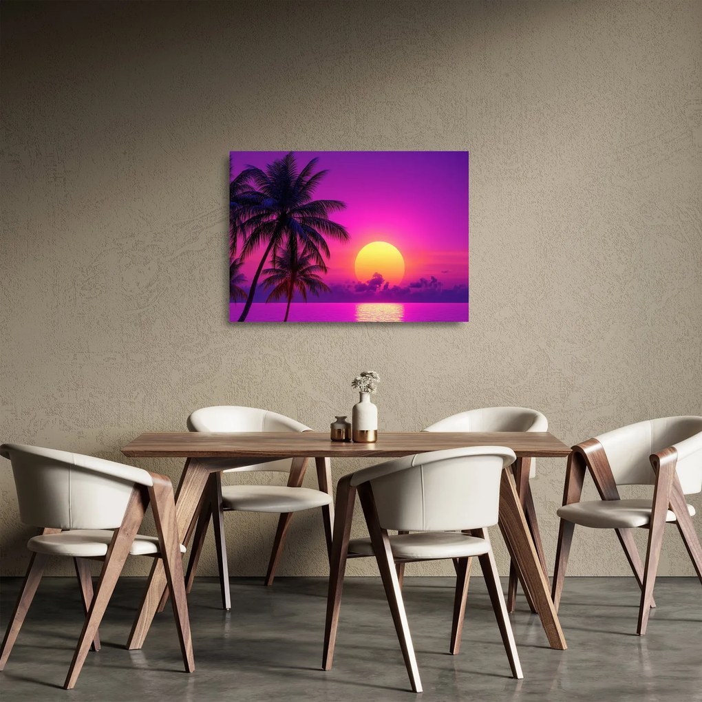 Obraz na szkle - Fioletowy zachód słońca z palmą (70x50 cm)
