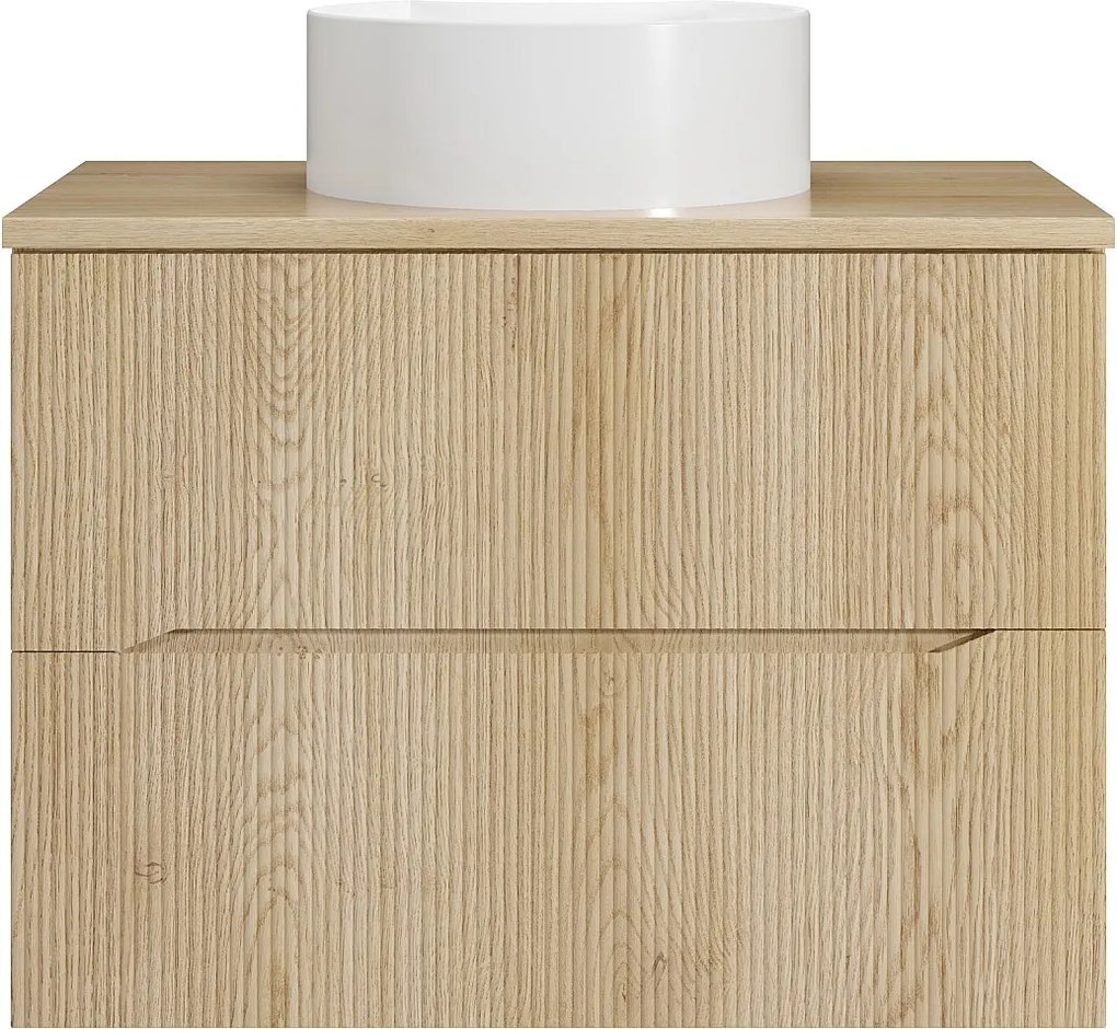 Szafka łazienkowa wisząca prążkowana z okrągłą umywalką nablatową – Jasny naturalny – 80 cm – ORISO