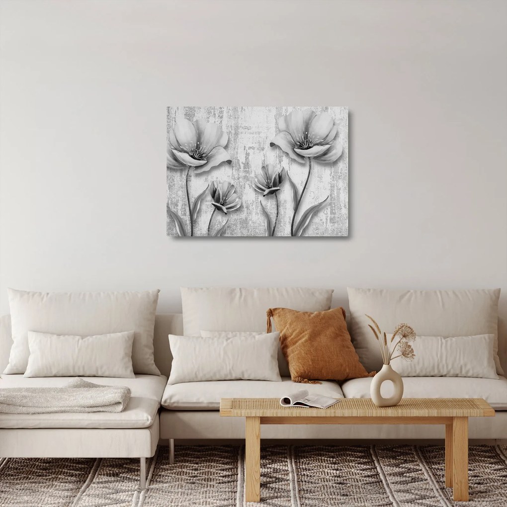 Obraz na szkle - Czarno-białe kwiaty na tle (70x50 cm)