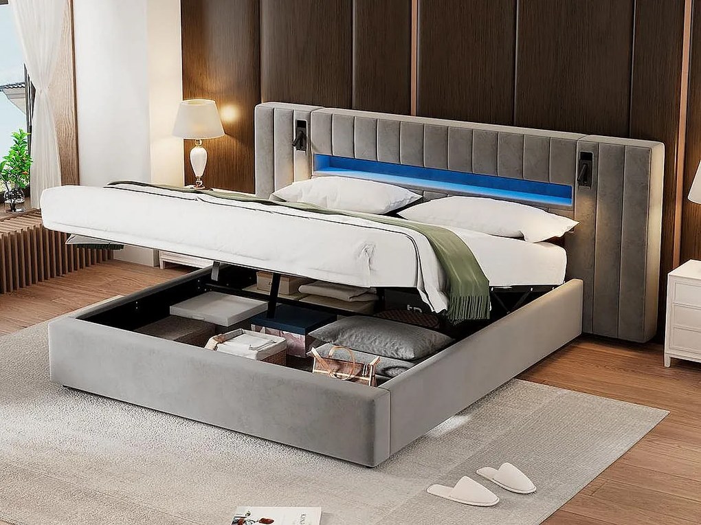 Łóżko z pojemnikiem Velvet - 180x200 cm - z diodą LED i portem ładowania - Szare