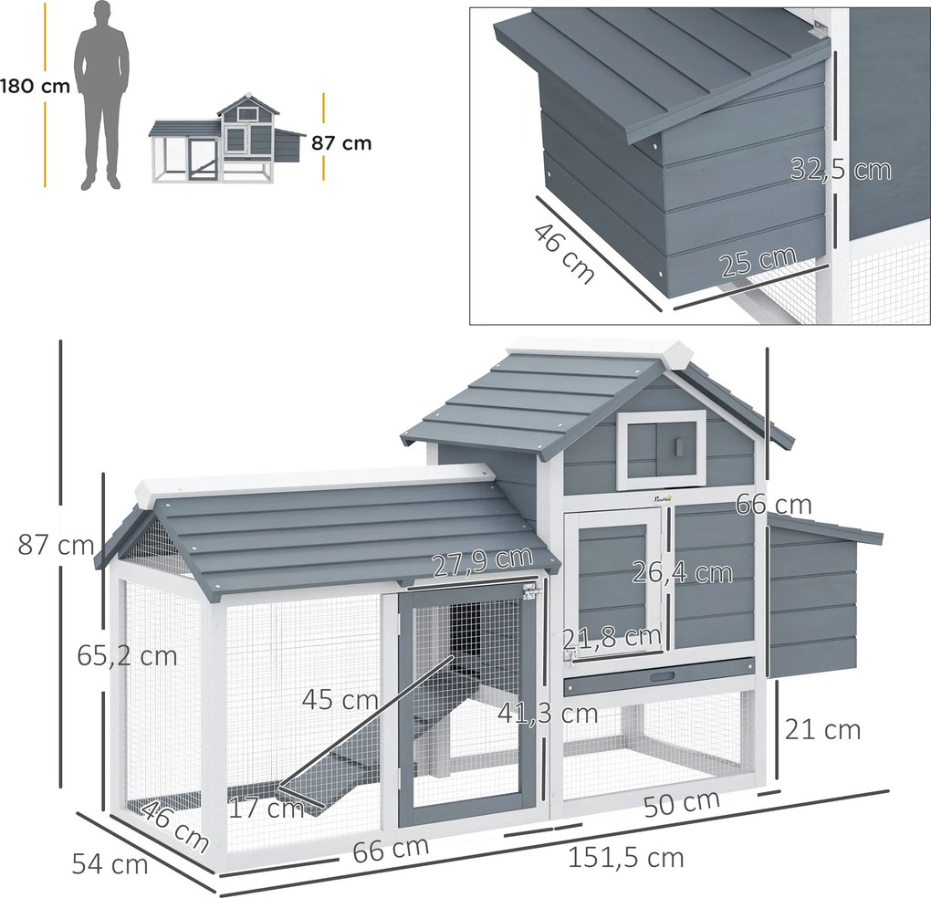 PawHut Kurnik drewniany dla 2-3 kur 151,5 x 54 x 87 cm woliera z wybiegiem gniazdo 2 drzwi mrozoodporny | Aosom PL