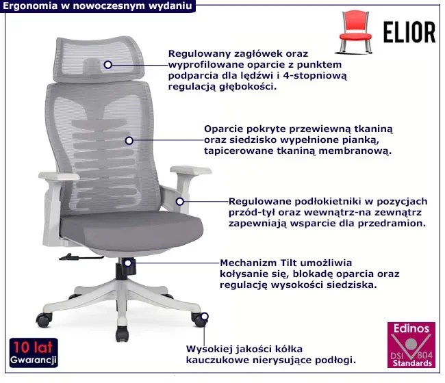 Szary nowoczesny biurowy fotel z zagłówkiem z regulacją podłokietników - Hexo