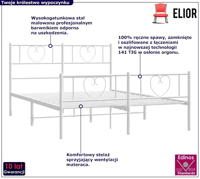 Białe metalowe łóżko małżeńskie 160x200 cm - Edelis