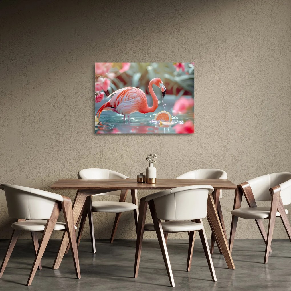 Obraz na szkle - Flaming w stawie (70x50 cm)