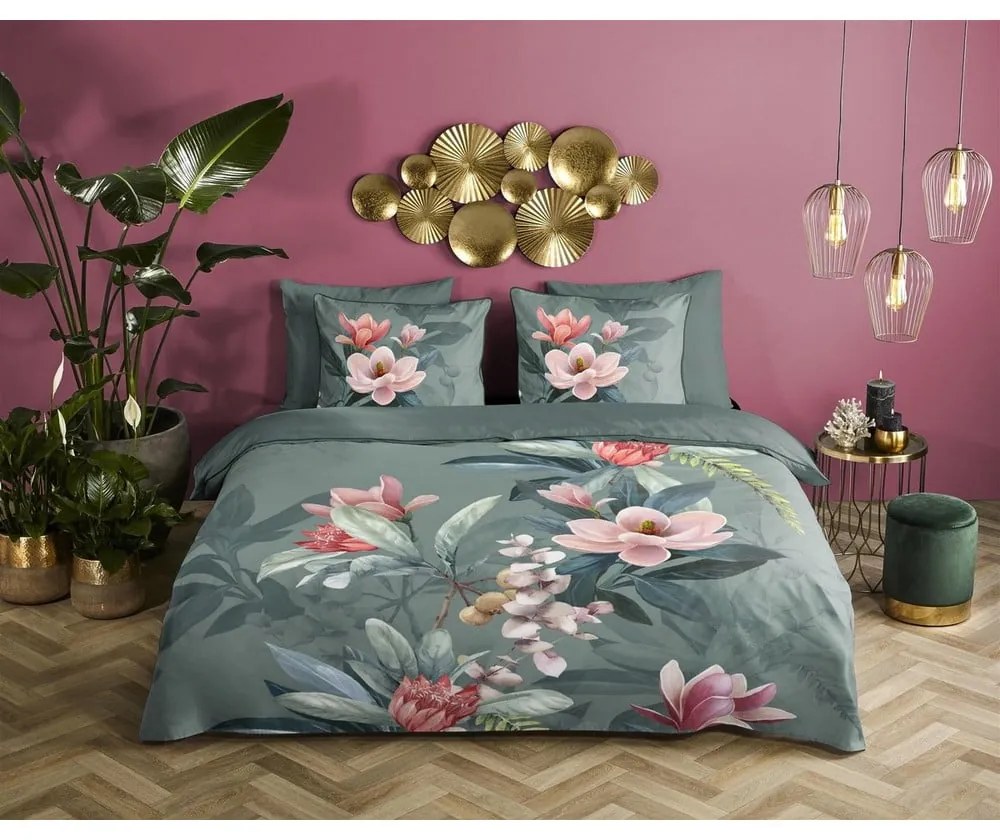 Zielona pościel dwuosobowa z bawełny organicznej Descanso Rose, 200x220 cm