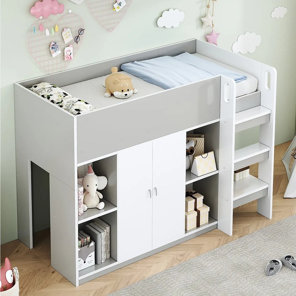 Łóżko piętrowe dla dzieci - 90 x 200 - z 2 drzwiami - z szafą + półki - drewno + MDF - szare