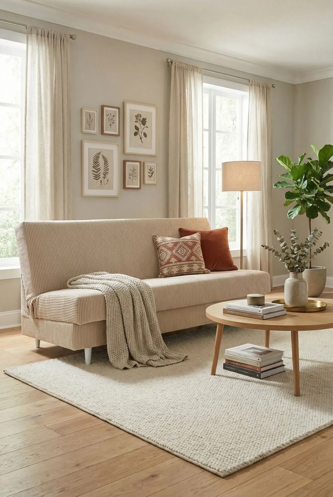 Beżowa tapicerowana wersalka sztruksowa z funkcją spania F6-G54