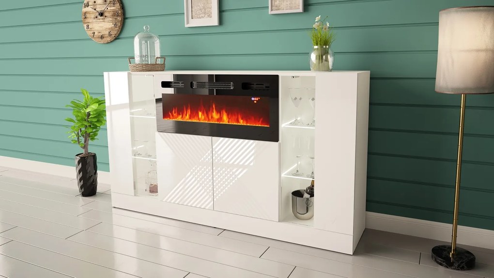 Biała komoda z kominkiem elektrycznym i oświetleniem Diuna 1