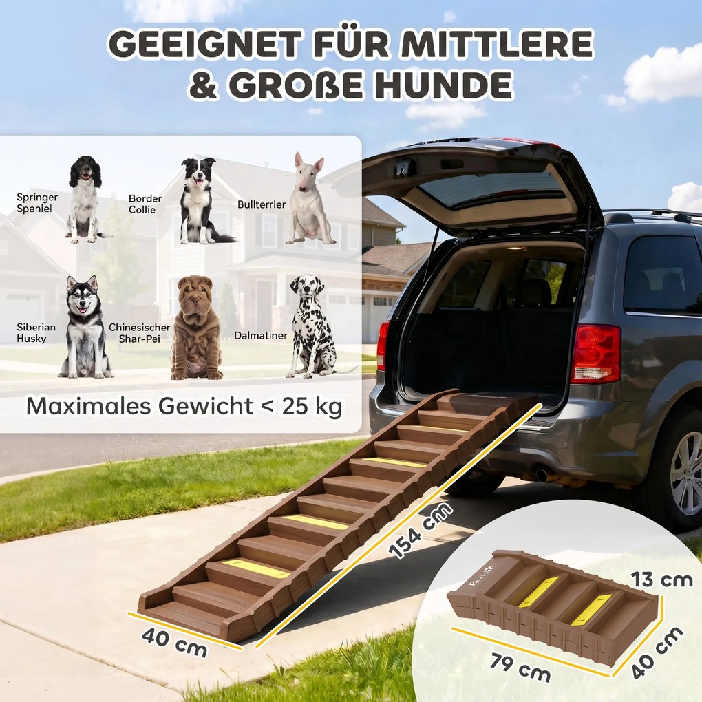 PawHut Rampa dla psa do samochodu składana schodki 10 stopni antypoślizgowa powierzchnia 154x40cm dla średnich psów do 25 kg | Aosom PL