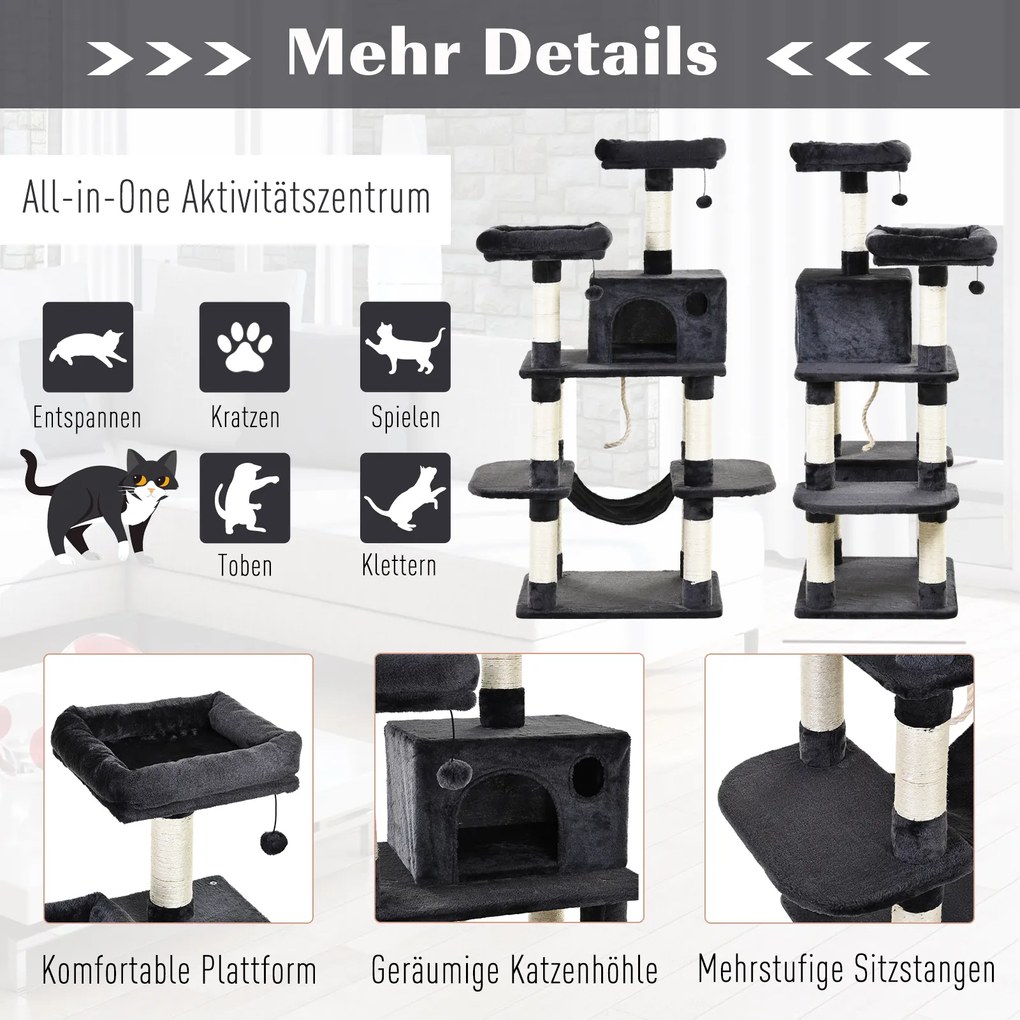 PawHut Drapak dla kota, domek dla kota, z hamakiem i sizalowymi słupkami, pluszowa piłka, plusz, ciemnoszary