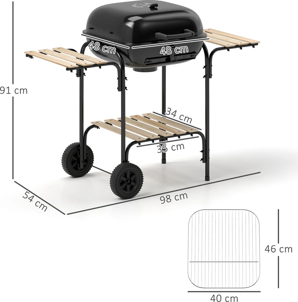 Outsunny Grill węglowy ze stali, przenośny, z zamykaną pokrywą, rusztem, kółkami i półkami, 98 x 54 x 91 cm, czarny | Aosom PL