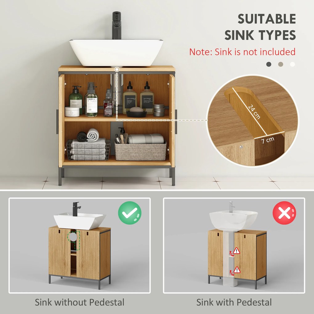 HOMCOM szafka pod umywalkę, szafka z 2 drzwiami, regulowana półka, 60x30x60 cm szafka łazienkowa z ramą stalową, do umywalek bez podstawy, Dąb