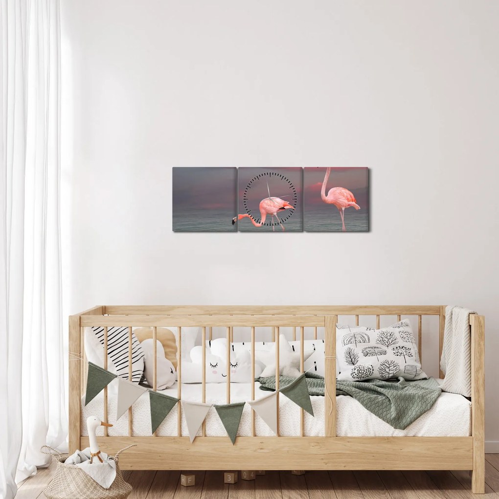 Obraz flamingów (z zegarem) (90x30 cm)