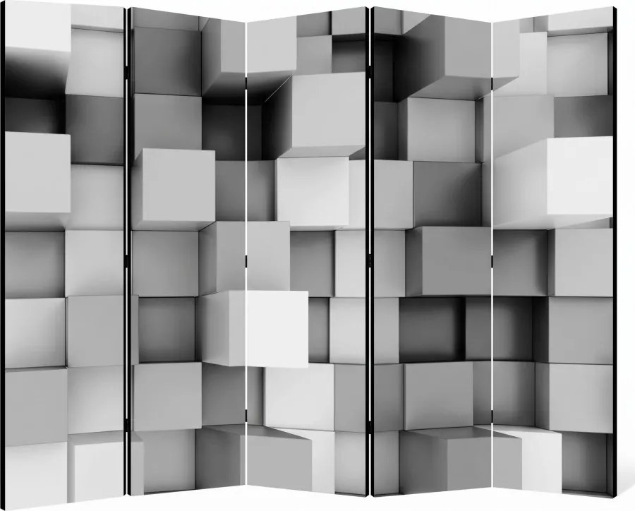 Parawan pokojowy 5-częściowy 225x172 Dwustronny dekoracyjny nowoczesny geometryczny Szary Szare Sześciany 3D