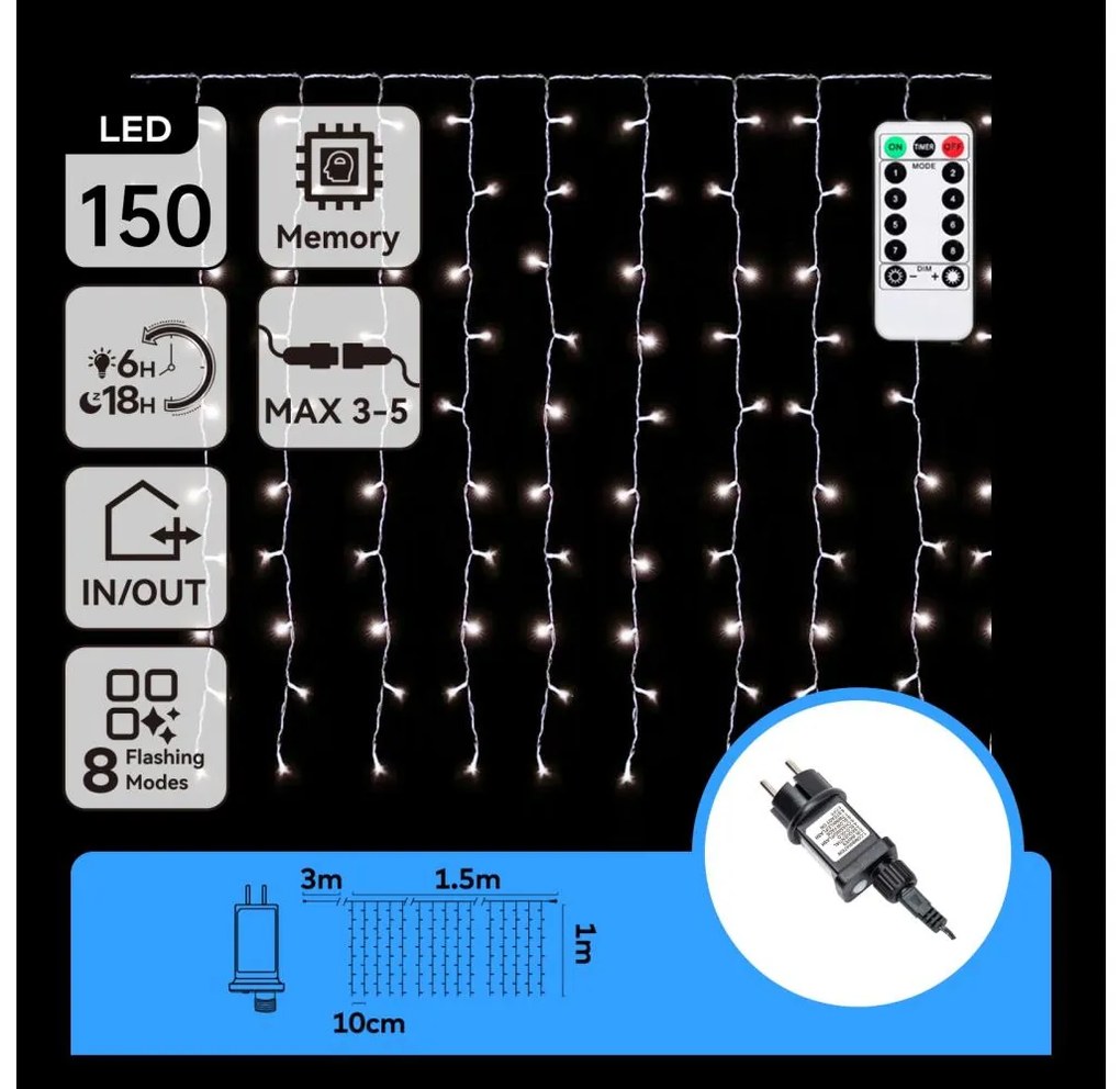 Aigostar - Zewnętrzny łańcuch świąteczny LED 150xLED/6W/230V/8 funkcji 1,5x1m IP44 chłodna biel + pilot
