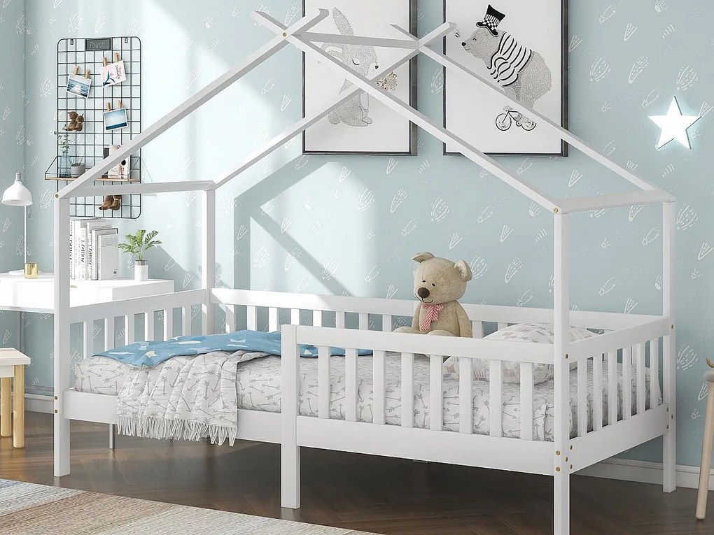 Łóżko domek dziecięcy 90×200 cm - z litego drewna + MDF - z zabezpieczeniem przeciw upadkowym i stelażem listwowym - białe