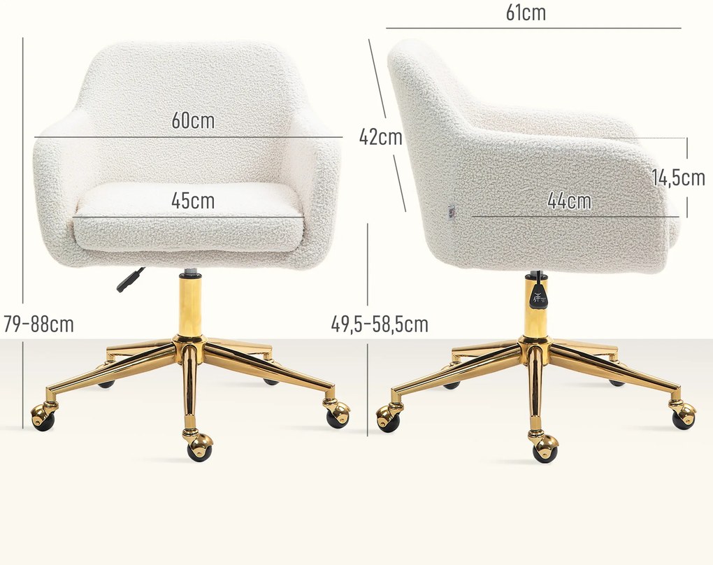 HOMCOM Fotel do Home Office, regulowany fotel biurowy na kółkach, pokrycie aksamitne, podstawa metalowa, Kremowy