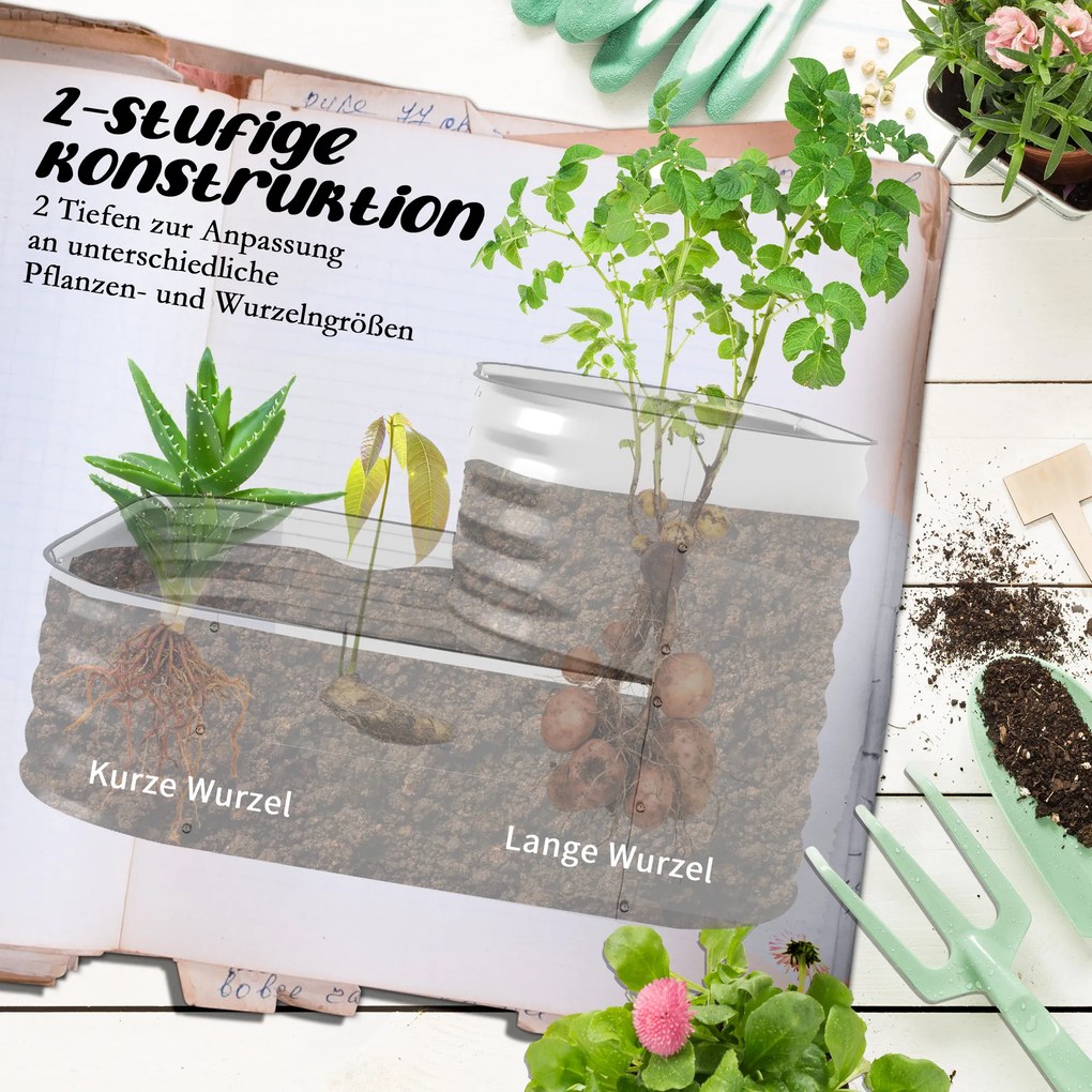 Outsunny Grzadka na ziolowe z Metalu, 2 Poziomy, odporna na wszystkie warunki atmosferyczne, otwarte dno, 120 x 90 x 30cm, Kolor: Srebrny