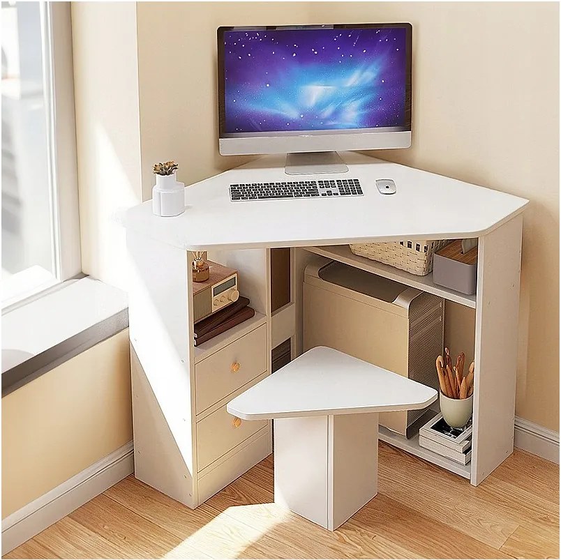 Biurko narożne trójkątne komputerowe z półkami nowoczesne białe loft 80x75