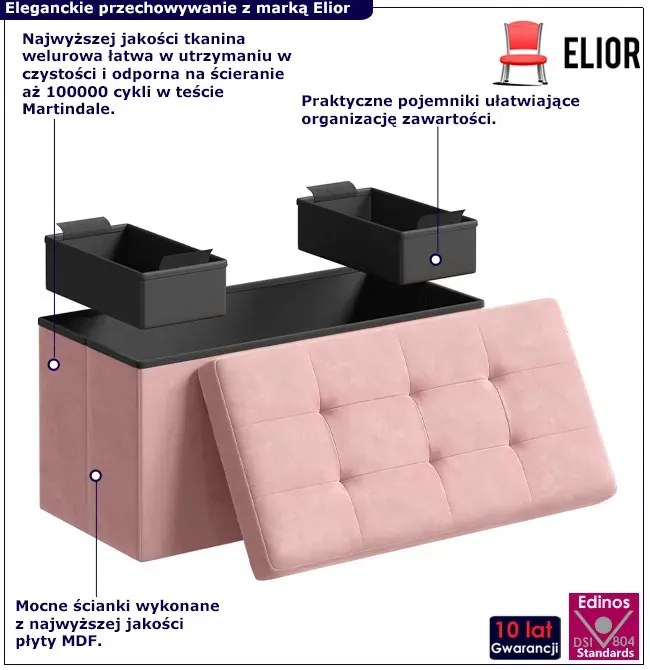 Różowa welurowa pufa pikowana ze schowkiem N0-M11