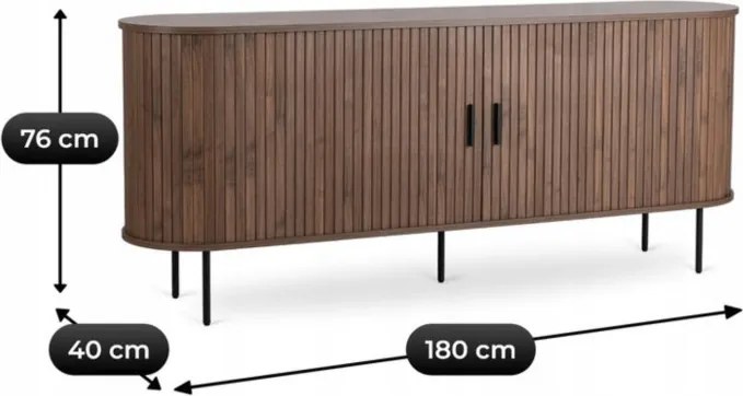 Komoda do Salonu Rozsuwana TRISH 180 cm Orzech Dwudrzwiowa Ryflowana Nowoczesna