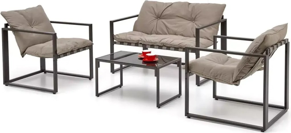 Zestaw mebli ogrodowych Alice – sofa, fotele i ława w eleganckim kolorze cappuccino z tapicerowanymi siedziskami