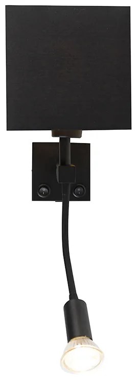 Nowoczesna lampa ścienna czarna z USB i kwadratowym czarnym kloszem - Zeno