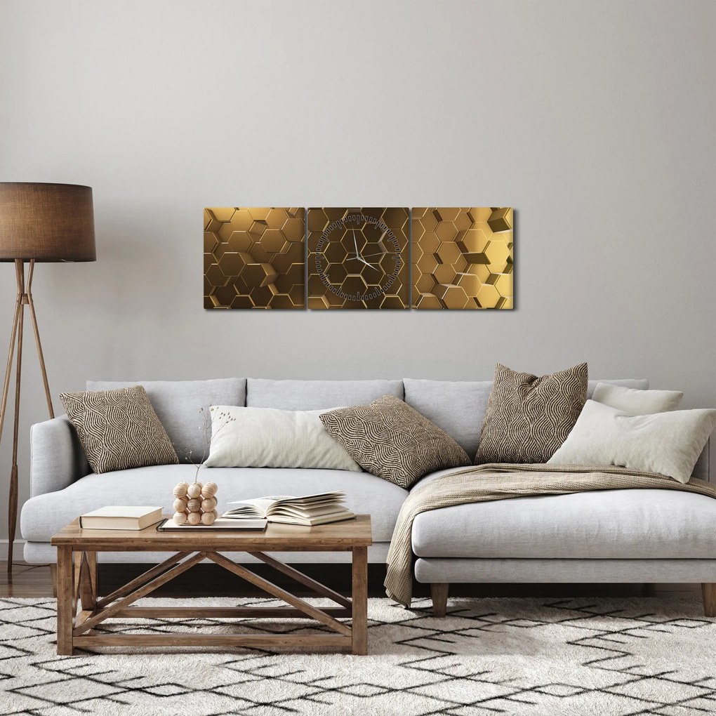 Obraz - Złote sześciokąty (z zegarem) (90x30 cm)