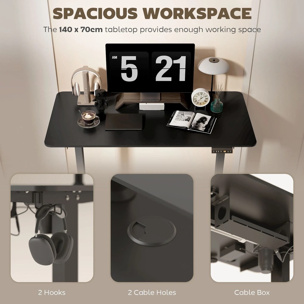 Vinsetto Biurko stojące, regulowane, komputerowe 140 cm x 70 cm x 116 cm, Czarne