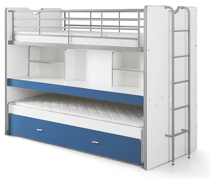 Biało-niebieskie piętrowe łóżko dziecięce z wysuwanym łóżkiem, schowkiem i stelażem 90x200 cm Bonny – Vipack