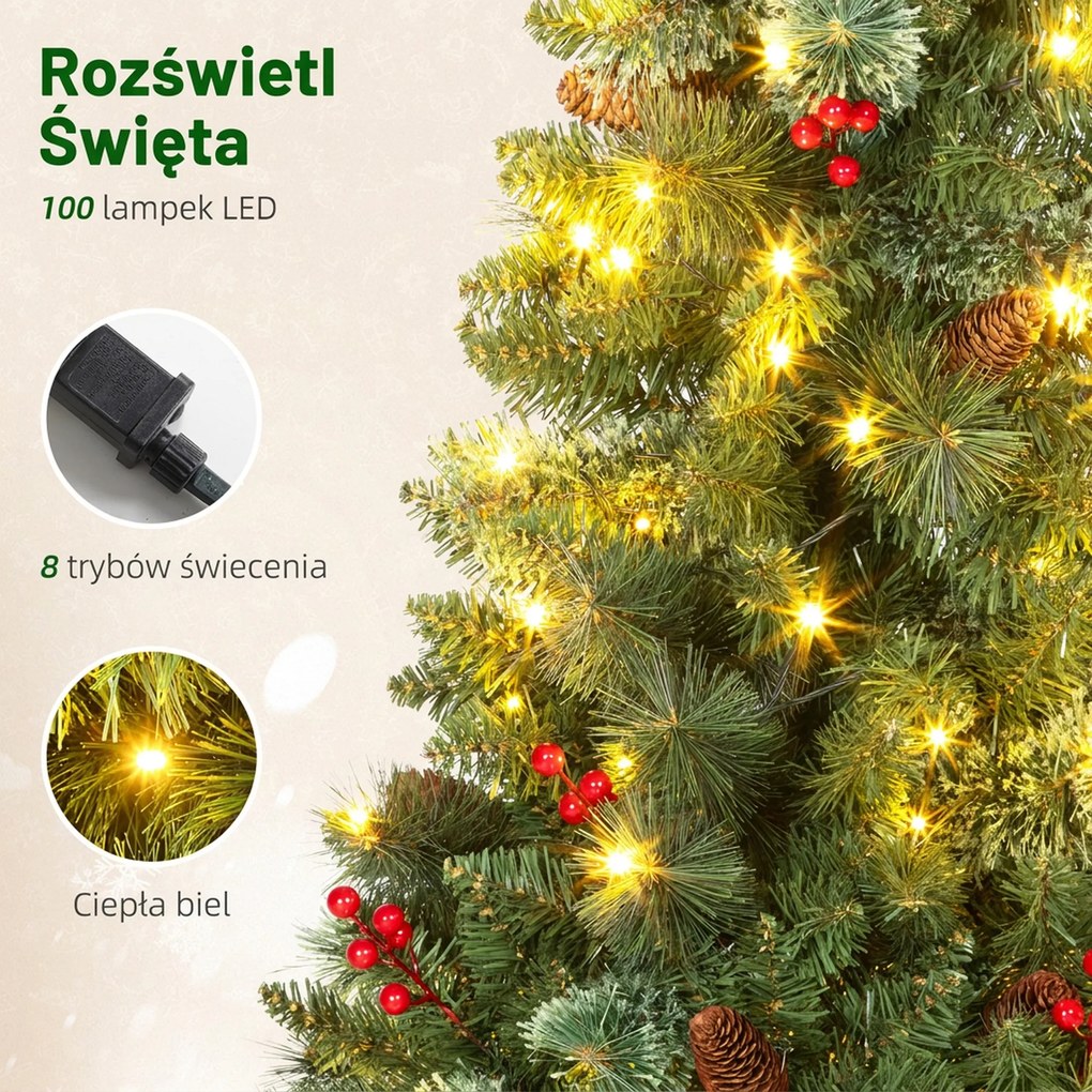 HOMCOM Sztuczna choinka 120 cm z 100 LED, 8 trybów, 214 gałązek | Aosom PL
