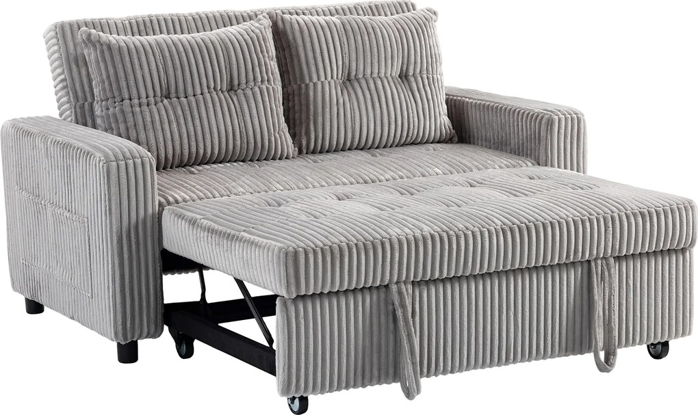 HOMCOM 2-osobowe łóżko-sofa, pokrycie sztruksowe, przekształcalne w sofę rozkładaną, 2 poduszki, kieszenie boczne, 157 x 190 cm, Jasnoszary | Aosom PL