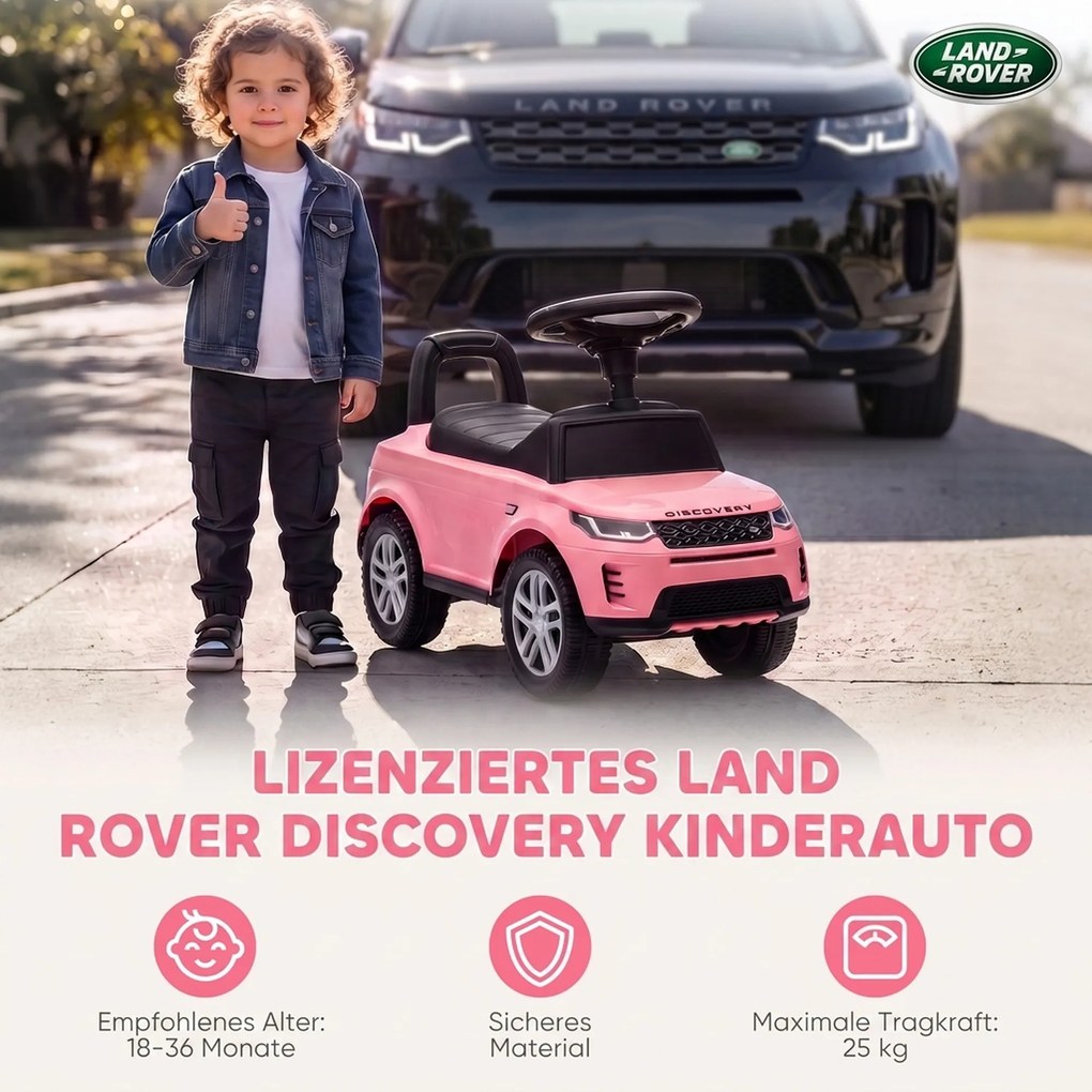AIYAPLAY LAND ROVER DISCOVERY jeździk, jeździk z klaksonem i odgłosami silnika, schowek pod siedzeniem, 18-36 miesięcy, różowy | Aosom PL