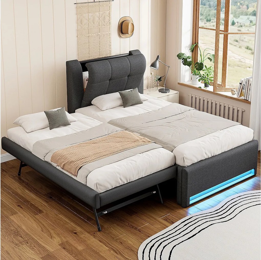 Łóżko dziecięce tapicerowane - 90 x 200 cm - z łóżkiem wysuwanym 90 x 190 cm (rozkładane lub na płasko) + LED - len + płyta MDF - szare