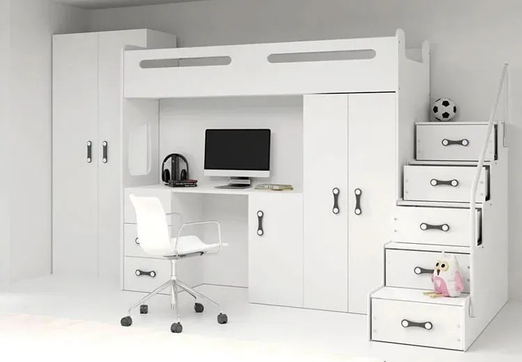 Białe dziecięce łóżko z szafą i biurkiem pod spodem S7-E43