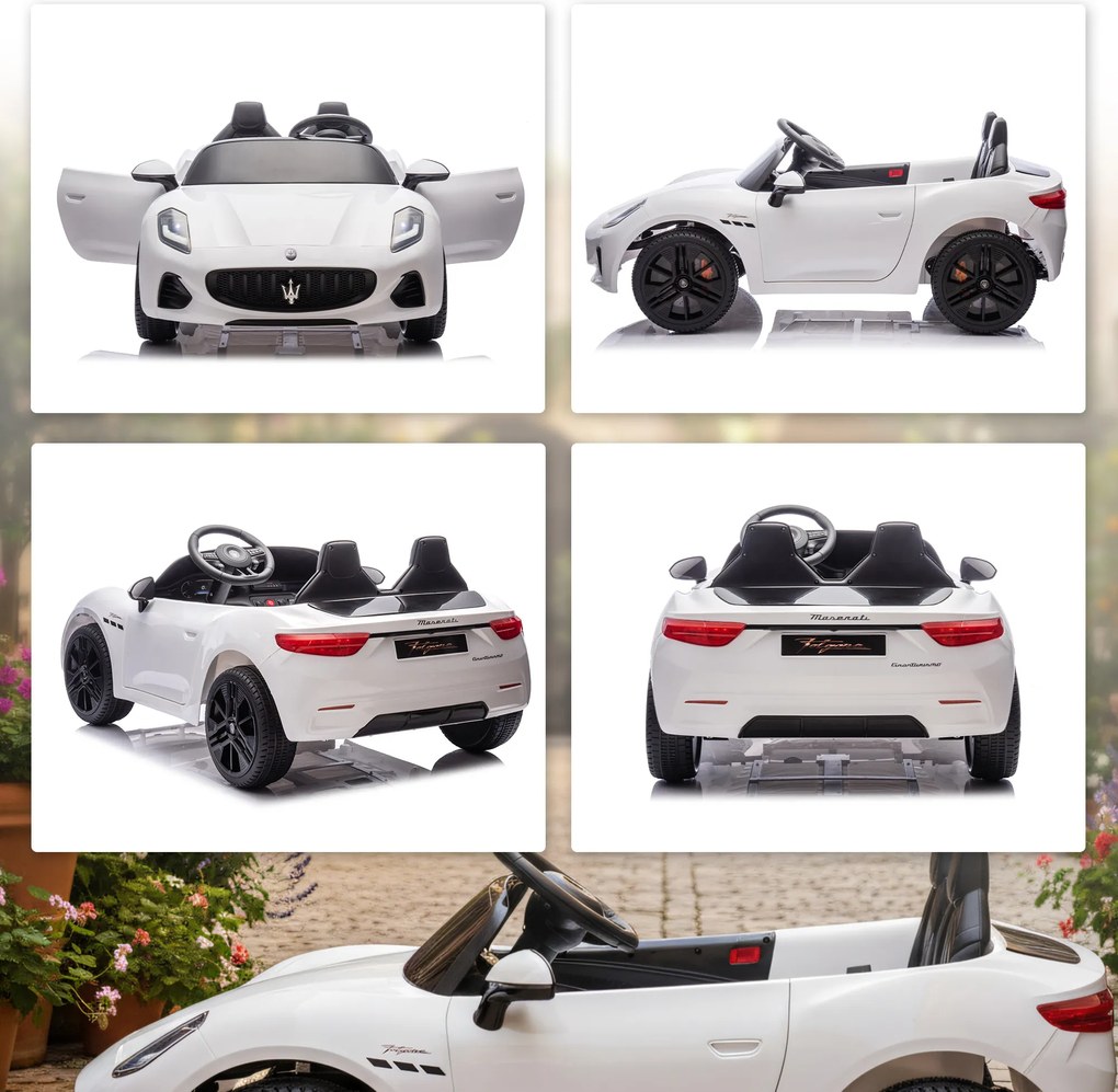 AIYAPLAY Maserati elektryczny samochód dla dzieci, 2-osobowy, zasilanie 12V, pilot, światła LED, funkcja muzyczna, Biały