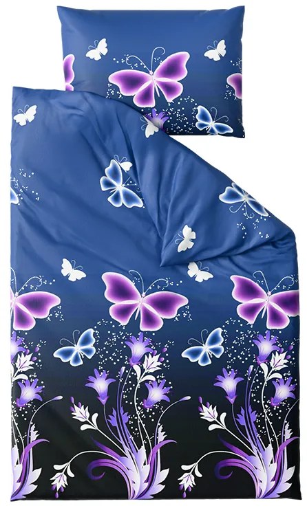 PrzytulneMieszkanie.pl PrzytulneMieszkanie.pl PrzytulneMieszkanie.pl Zestaw 2 sztuk pościeli z mikropluszu VIOLET BUTTERFLY ciemnoniebieskie + prześcieradło z mikropluszu SOFT 180x200 cm białe, podwójne łóżko
