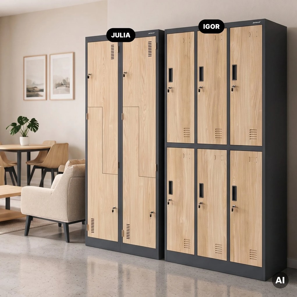 Szafa socjalna ubraniowa typu L, czterokomorowa, antracytowa/dąb sonoma, 800x1850x450 mm: JULIA Eco Design