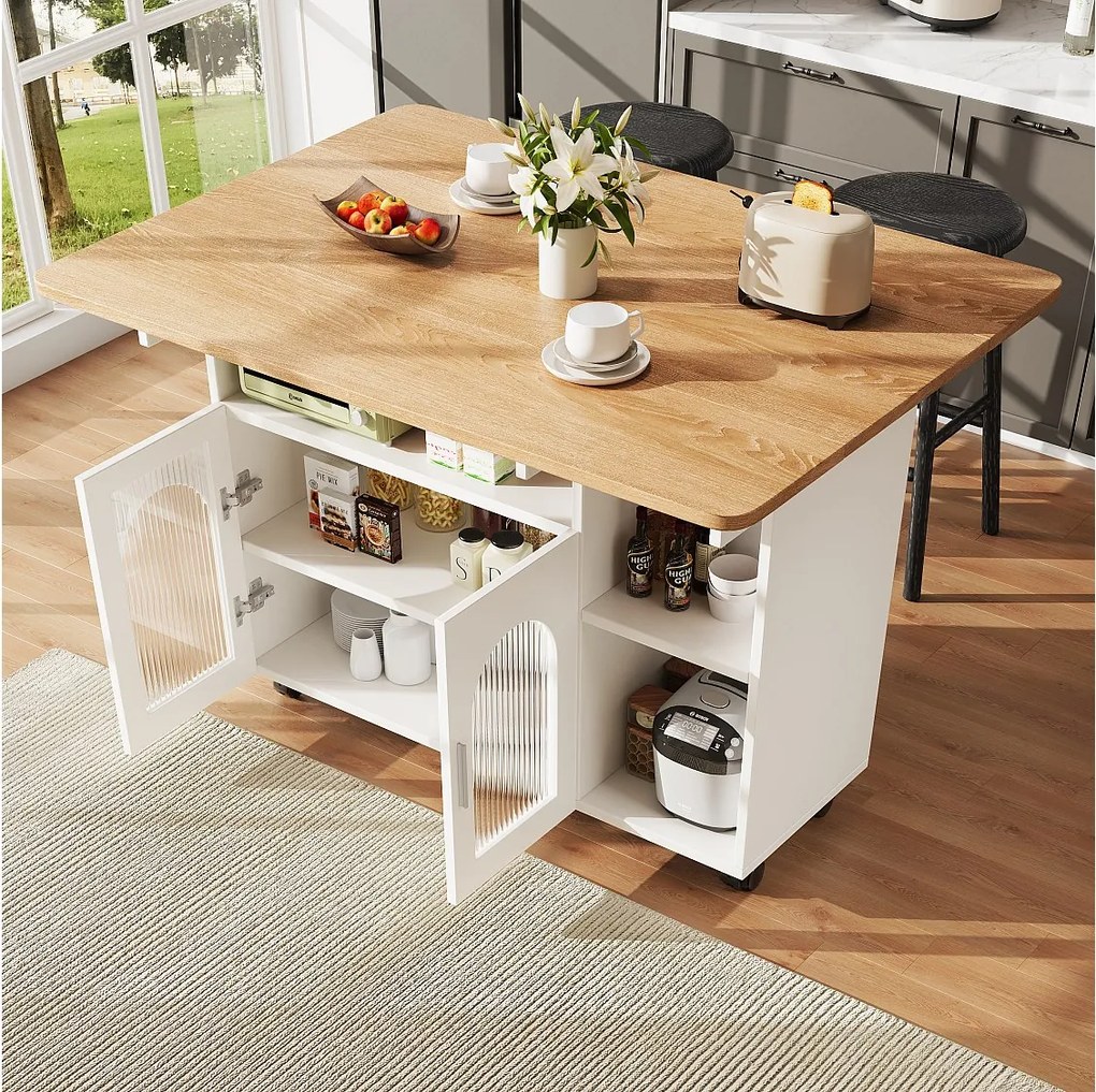 Mobilna wyspa kuchenna z 2 drzwiami i otwartymi półkami - Rozkładany blat - 120x30(70)x79,5 cm - Drewno MDF - Biały i naturalny