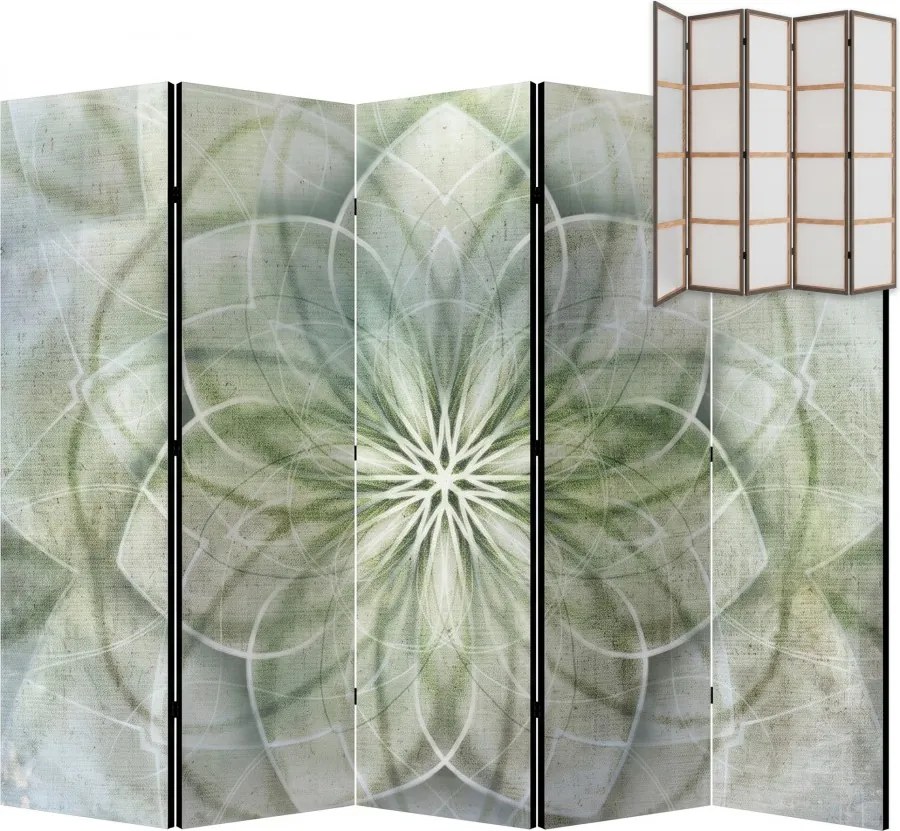 Parawan pokojowy 5-częściowy 225x172 Jednostronny dekoracyjny boho zen Szary Zielona Mandala Życia