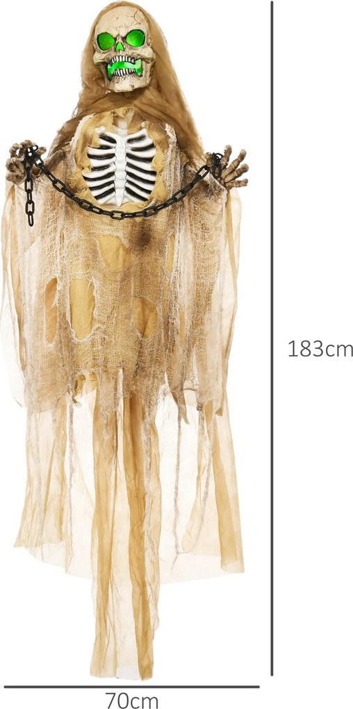 HOMCOM Dekoracja Halloween, Wiszący Szkielet, Świecąca Głowa, Przerażające Wycie, Giętkie Ramiona, Khaki