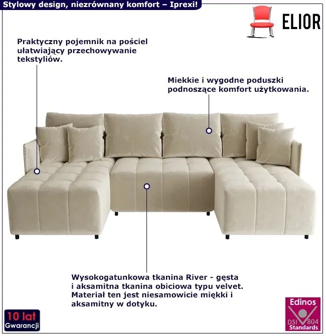 Kremowy welurowy narożnik w kształcie litery U R9-F01
