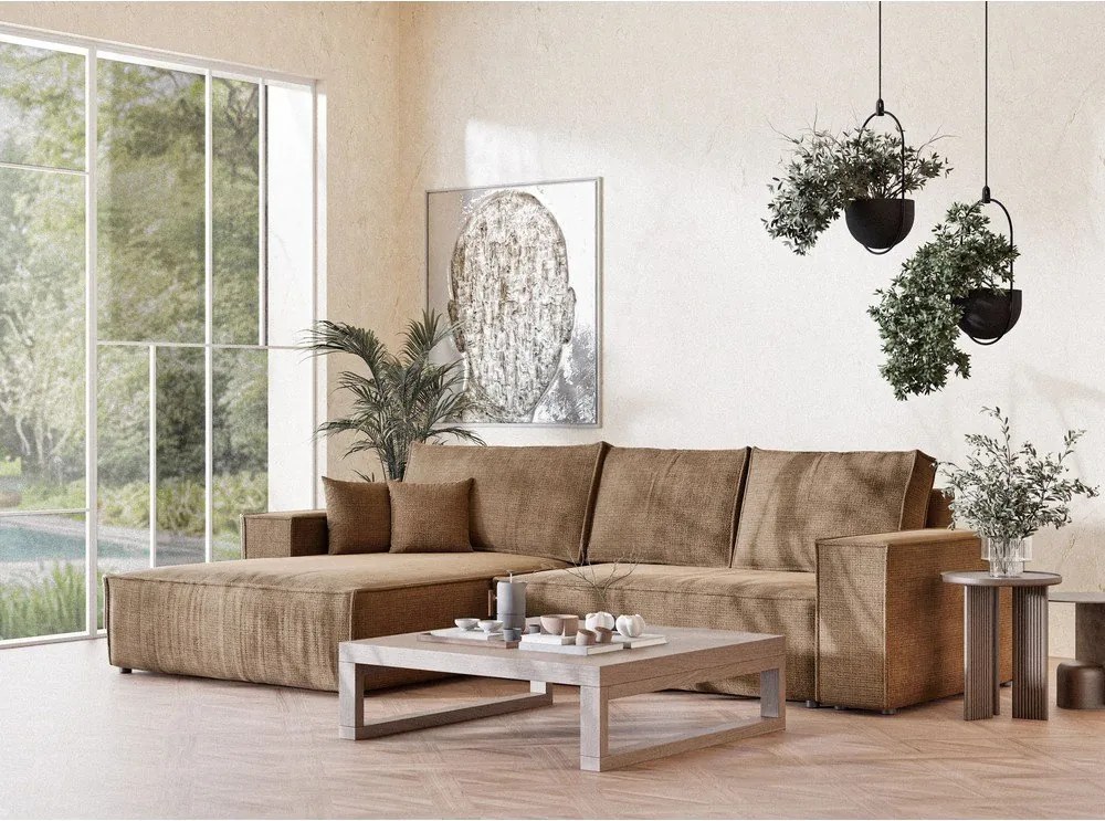 Jasnobrązowy rozkładany narożnik ze schowkiem z tkaniny szenilowej (lewostronny/z szezlongiem) Maze – Maison de Rêve